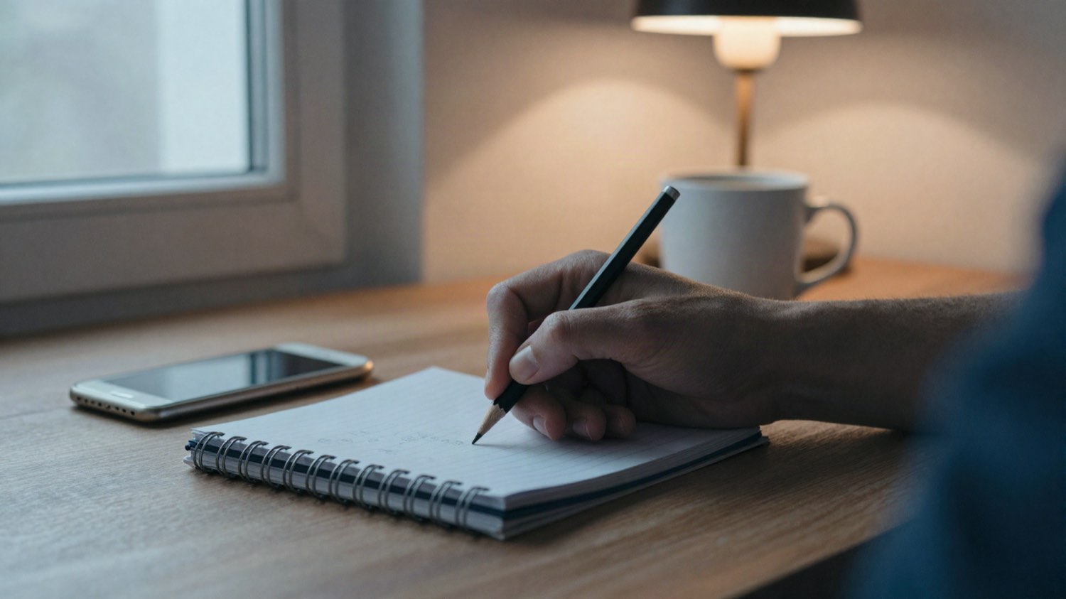 Une main écrit dans un carnet à côté d'un téléphone posé face contre table, lumière du matin