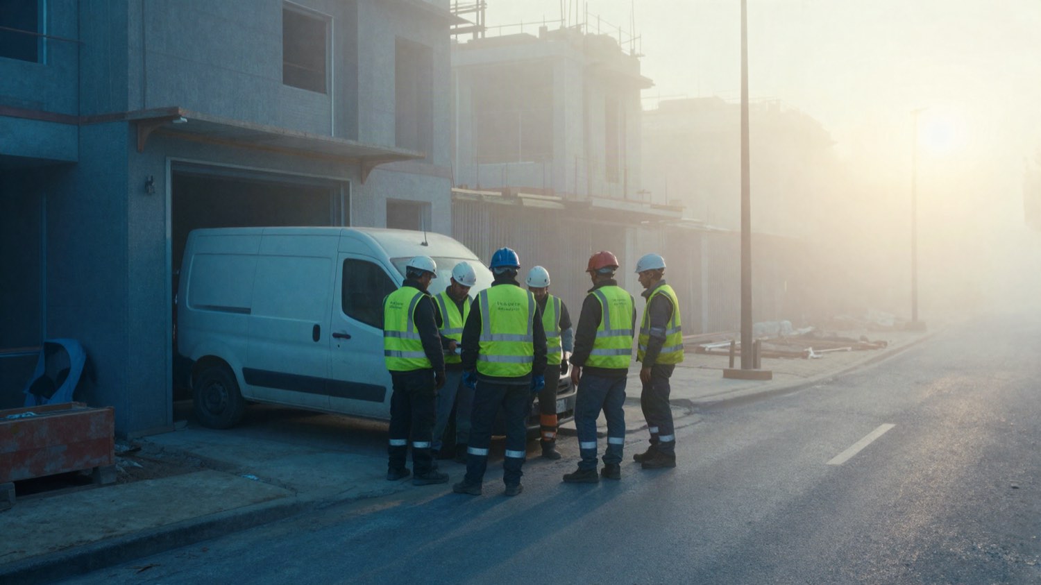 Une équipe de cinq ouvriers en gilet devant l'entrée d'un chantier
