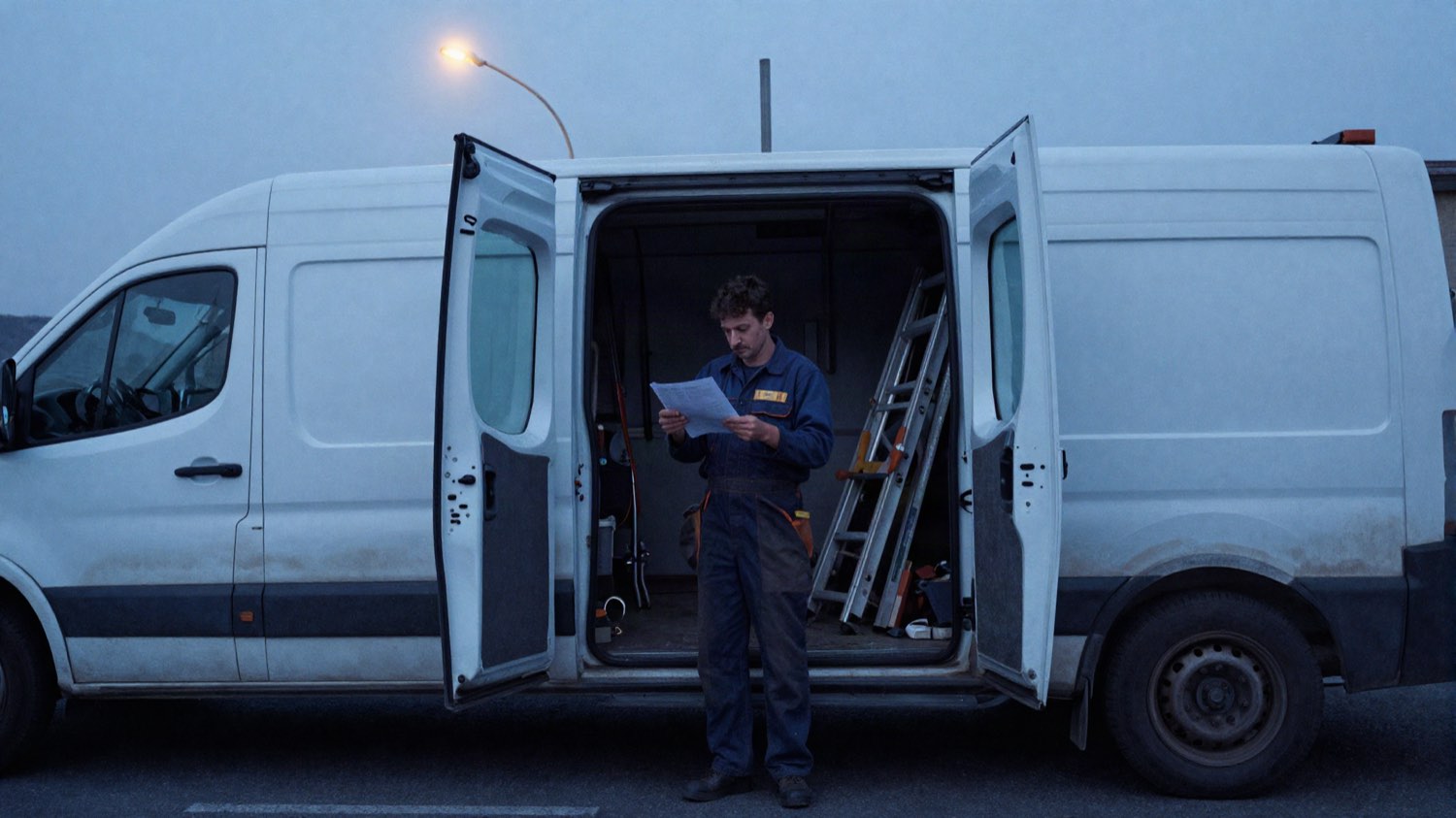 Un artisan lit une feuille imprimée devant sa camionnette ouverte, avant le lever du jour